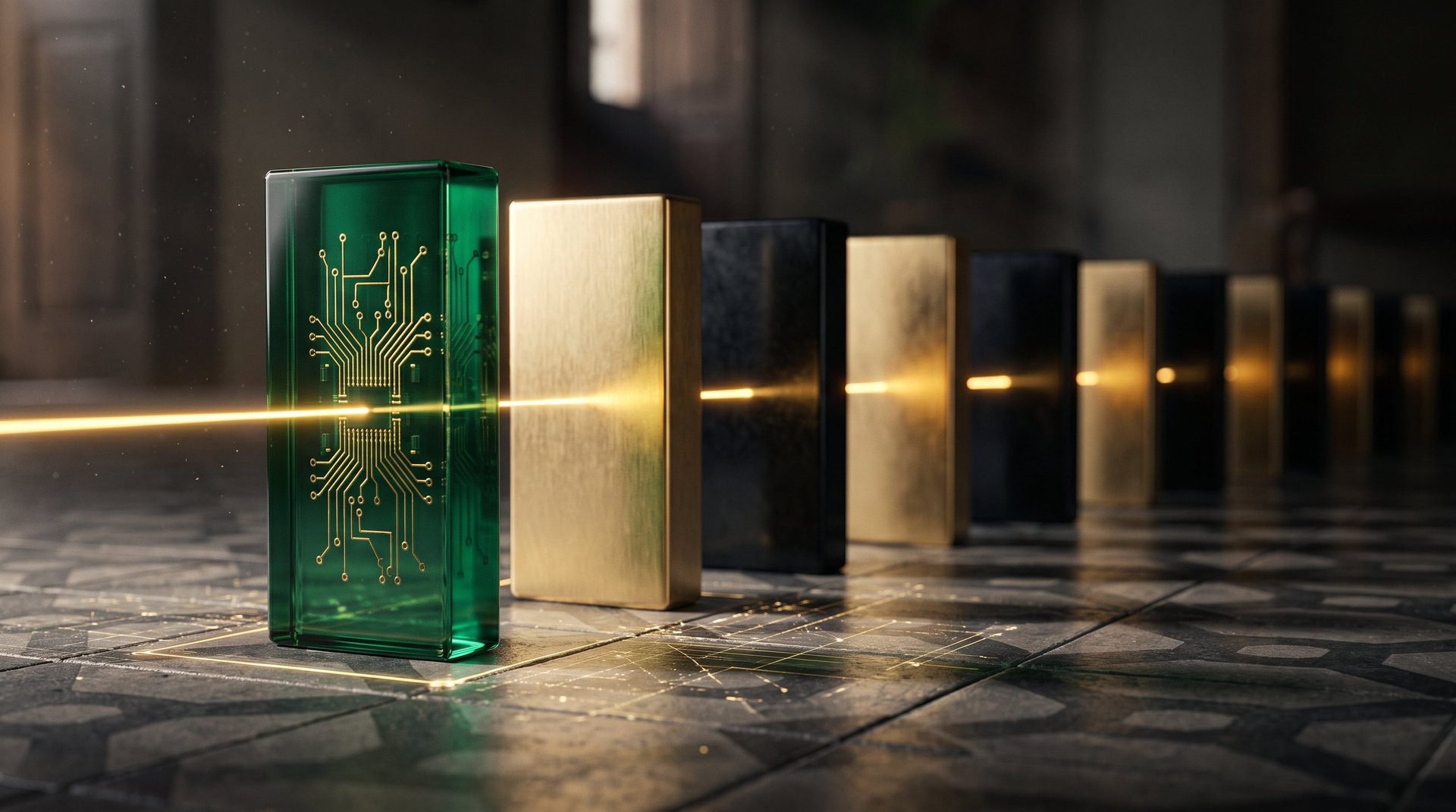 Row of decorative books with glowing spines on reflective floor, featuring a green book with gold emblem in focus