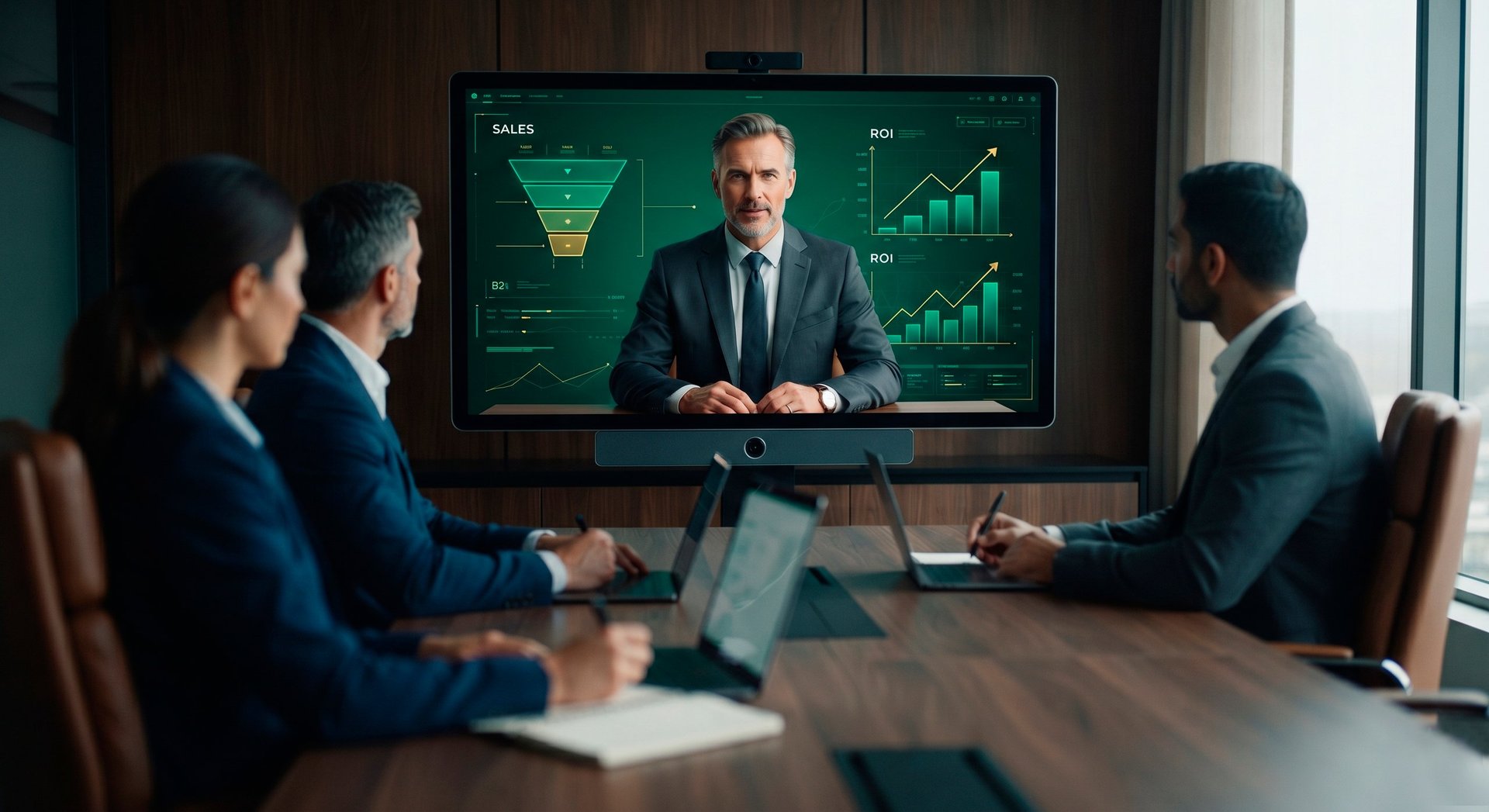 Business professionals in a conference room watching a sales presentation with charts and graphs on a screen
